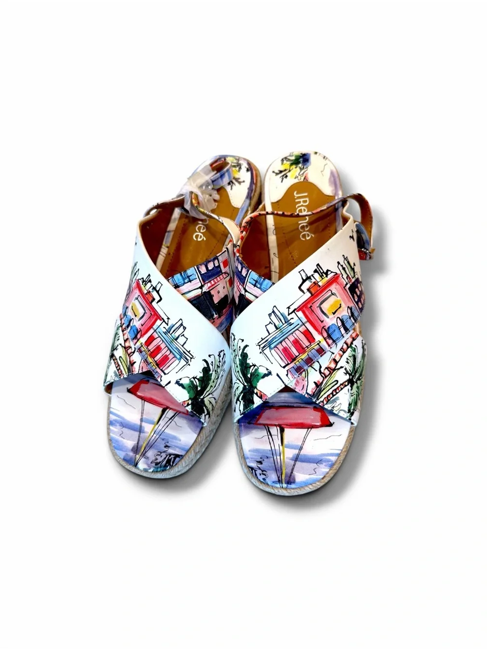 J.Renee White Espadrille Sandals with Multicolor Beach Print